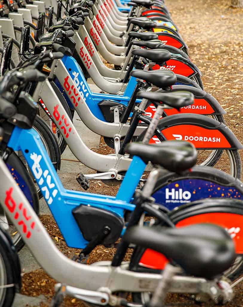  Row of BIXI bikes lined up at a docking station in Montreal, featuring colorful branding from DoorDash and Hilo. Exploring the city by bike is one of many Montreal spring activities for seniors looking for a gentle, scenic way to enjoy the outdoors.
