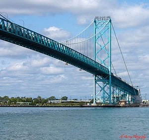 The Ambassador Bridge from the Sculpture Garden along the Windsor waterfront - great walking activity