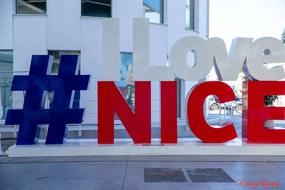 I Love Nice sign at Nice International Airport Terminal 1 at the Tram stop