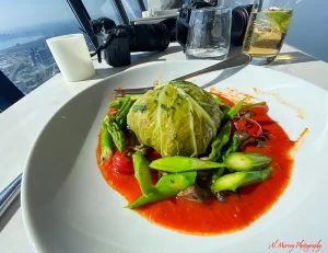 360 Restaurant in the CN Tower main course of vegetarian cabbage roll and seasonal vegetables