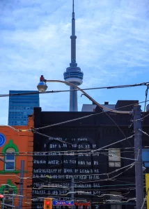 CN Tower as seen from Queen Street West in Toronto