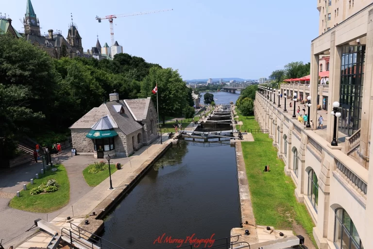 Rideau Canal in Ottawa terminus aside the Chateau Laurier and the Parliament Buildings