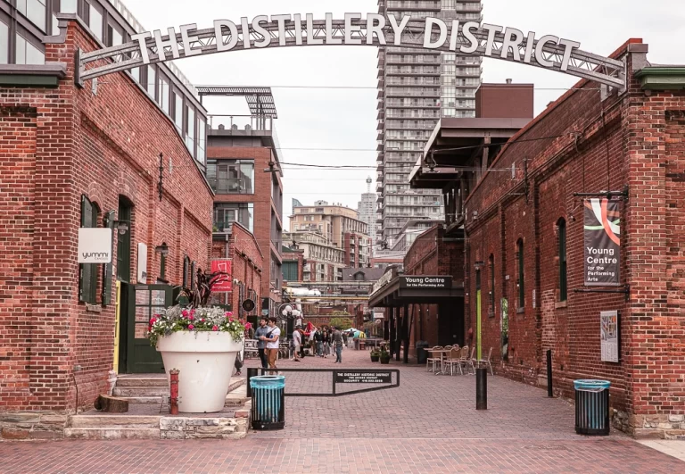 Distillery District entrance approaching from the King Streetcar loop on the north side.