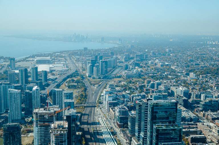 CN Tower View westward to Humber Bay, Parkdale and King and Roncevalles