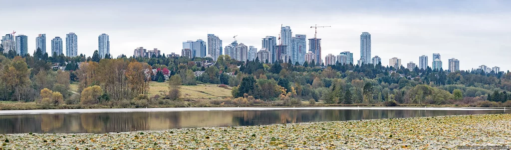 Vancouver budget stays suburbs Panoramic view of Burnaby’s skyline with high-rise buildings rising above dense trees and parkland, reflected in a lily-covered lake. This peaceful suburban setting highlights the appeal of cheap accommodation in Burnaby, just outside Vancouver.