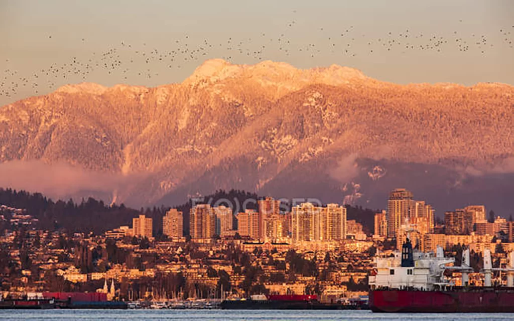 Vancouver budget stays suburbs Golden-hour view of Vancouver’s North Shore with high-rise buildings, cargo ships, and snow-dusted mountains in the background. This serene coastal neighborhood is one of the best safe locations for LGBTQA+ away from downtown Vancouver, offering scenic beauty and a welcoming vibe.