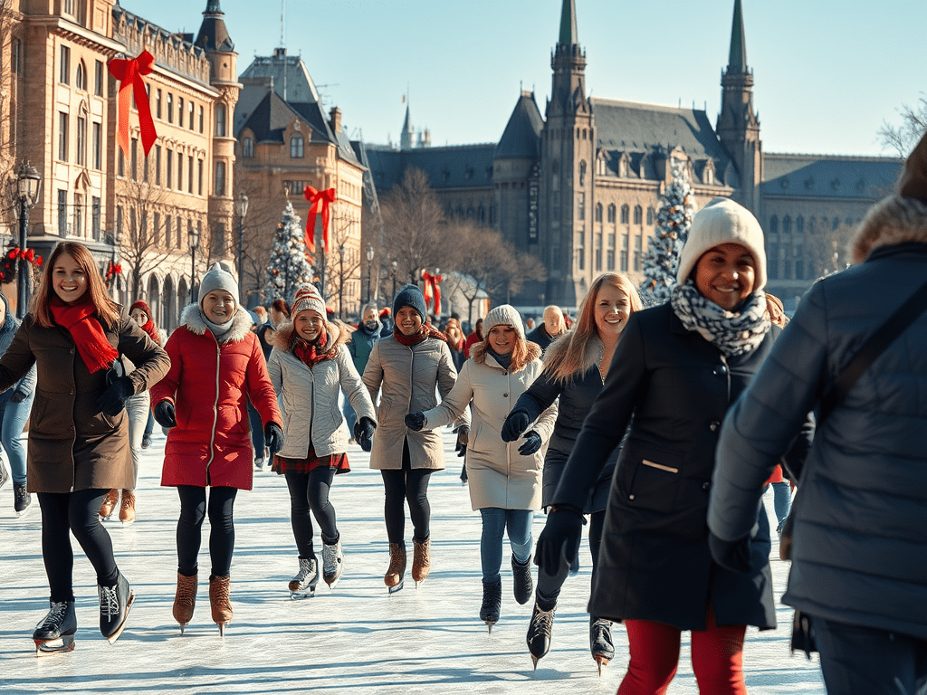 Folks skating on Ottawa's Riduau canal during holidays.  AI assisted