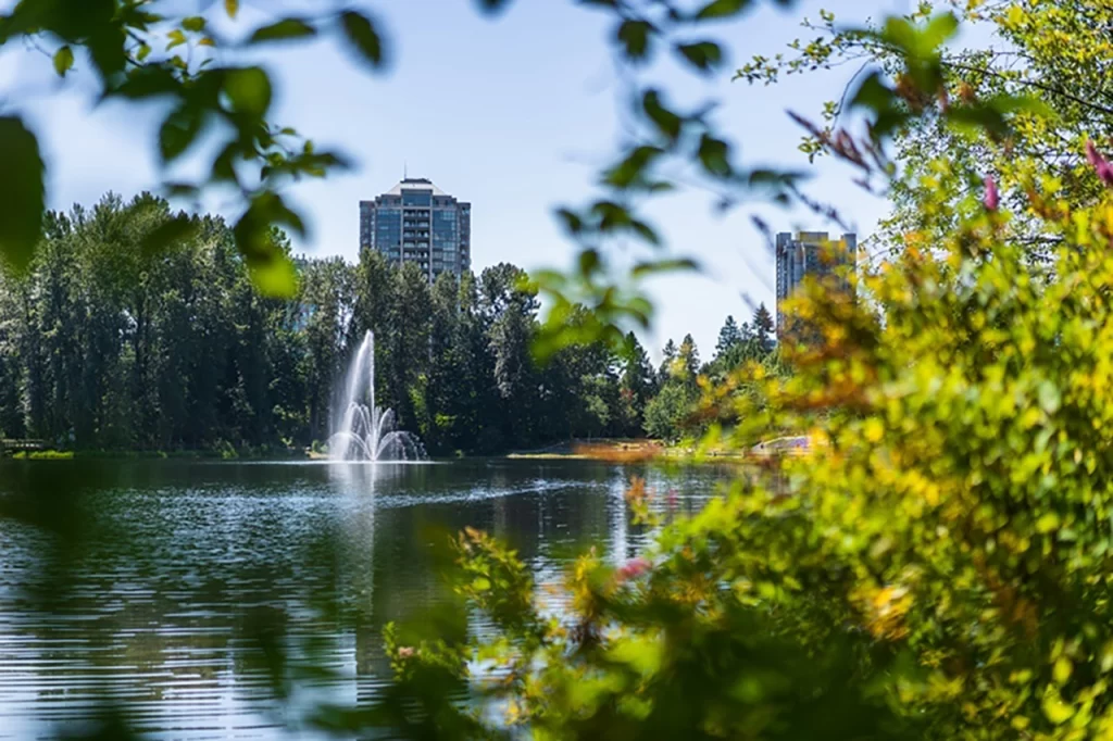 Vancouver budget stays suburbs Fountain sprays from the middle of a calm lake surrounded by lush greenery, with high-rise buildings peeking through in the background. Peaceful suburban parks like this offer scenic surroundings and accessible accommodation ideas outside of downtown Vancouver.