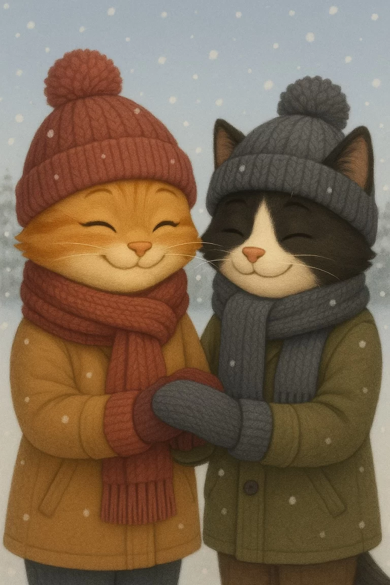 Two cartoon senior cats smiling and holding hands in a snowy setting, bundled up in cozy winter coats, knit hats, scarves, and mittens. Their warm and coordinated outfits suggest thoughtful and practical travel Christmas gift ideas for seniors who enjoy winter getaways.