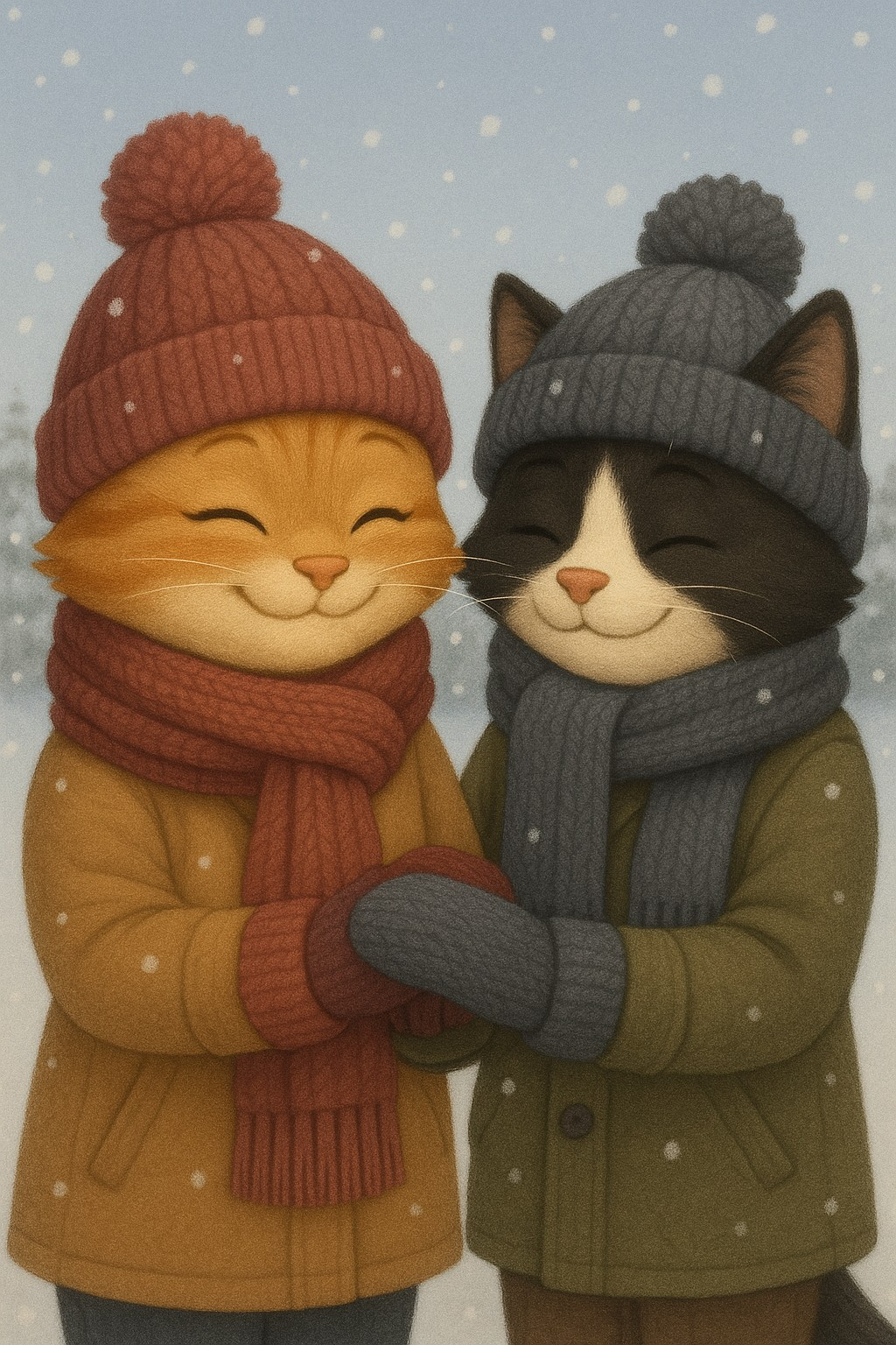 Two cartoon senior cats smiling and holding hands in a snowy setting, bundled up in cozy winter coats, knit hats, scarves, and mittens. Their warm and coordinated outfits suggest thoughtful and practical travel Christmas gift ideas for seniors who enjoy winter getaways.