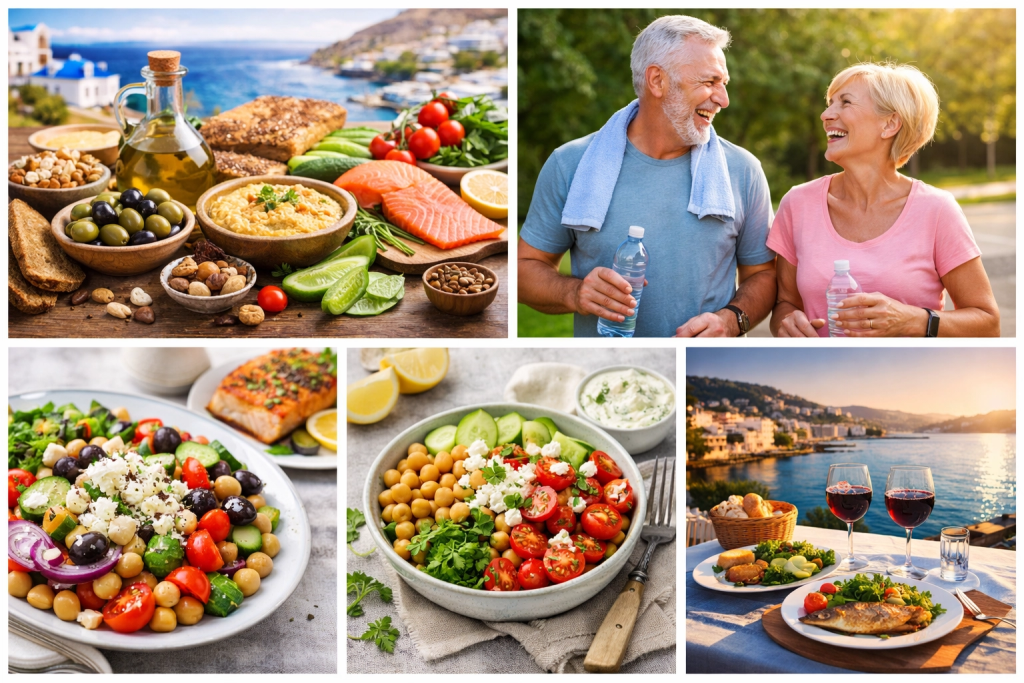 Collage of Mediterranean diet basics showing vibrant meals with olives, hummus, salmon, nuts, chickpeas, and fresh vegetables, alongside a happy older couple staying active outdoors and scenic seaside dining views. The image reflects the essentials of “Mediterranean diet 101 for beginners,” including colorful salads, grilled fish, and balanced, heart-healthy ingredients.