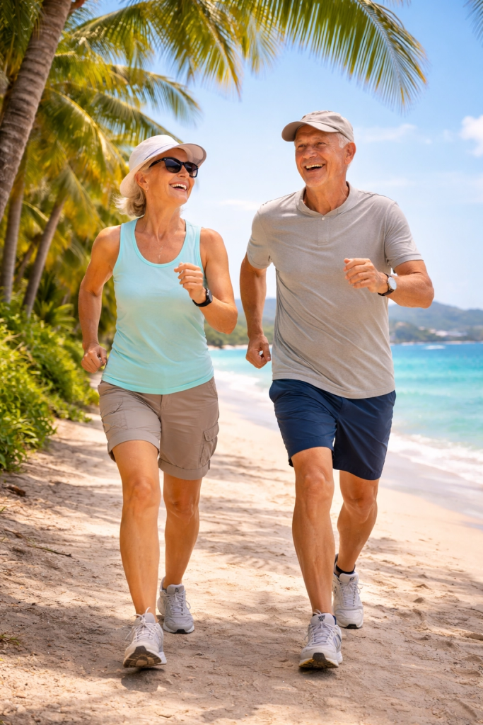 An older couple jogs together along a sandy beach lined with palm trees smiling and wearing casual athletic clothing while traveling. The image supports the idea can you stay fit without a gym while travelling by showing simple outdoor exercise that keeps travelers active healthy and energized without equipment.