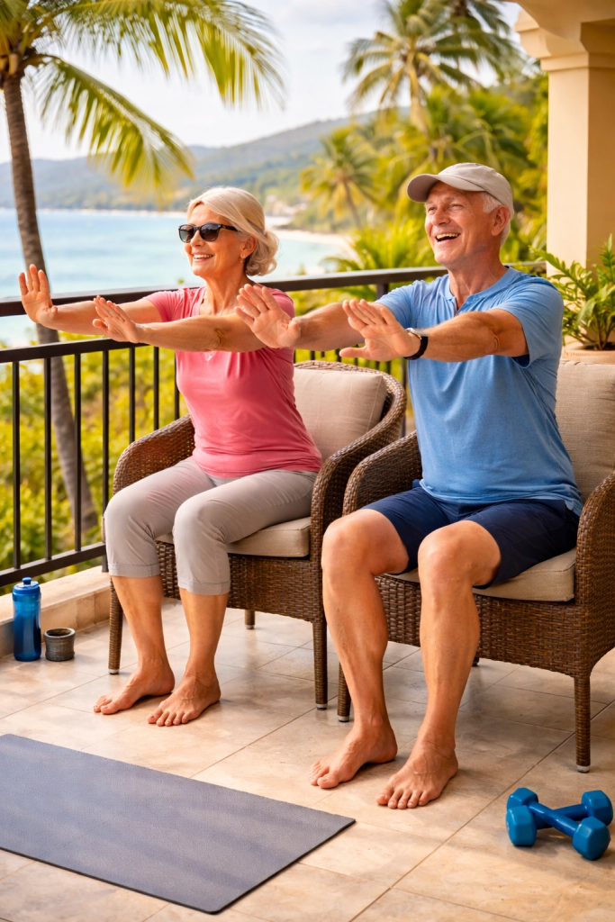 An older couple sits on outdoor chairs on a balcony overlooking the ocean and palm trees while doing gentle seated exercises with arms extended and small weights nearby. The image relates to how do i avoid getting exhausted while sightseeing by showing low impact movement rest breaks and simple exercises that help conserve energy while traveling.