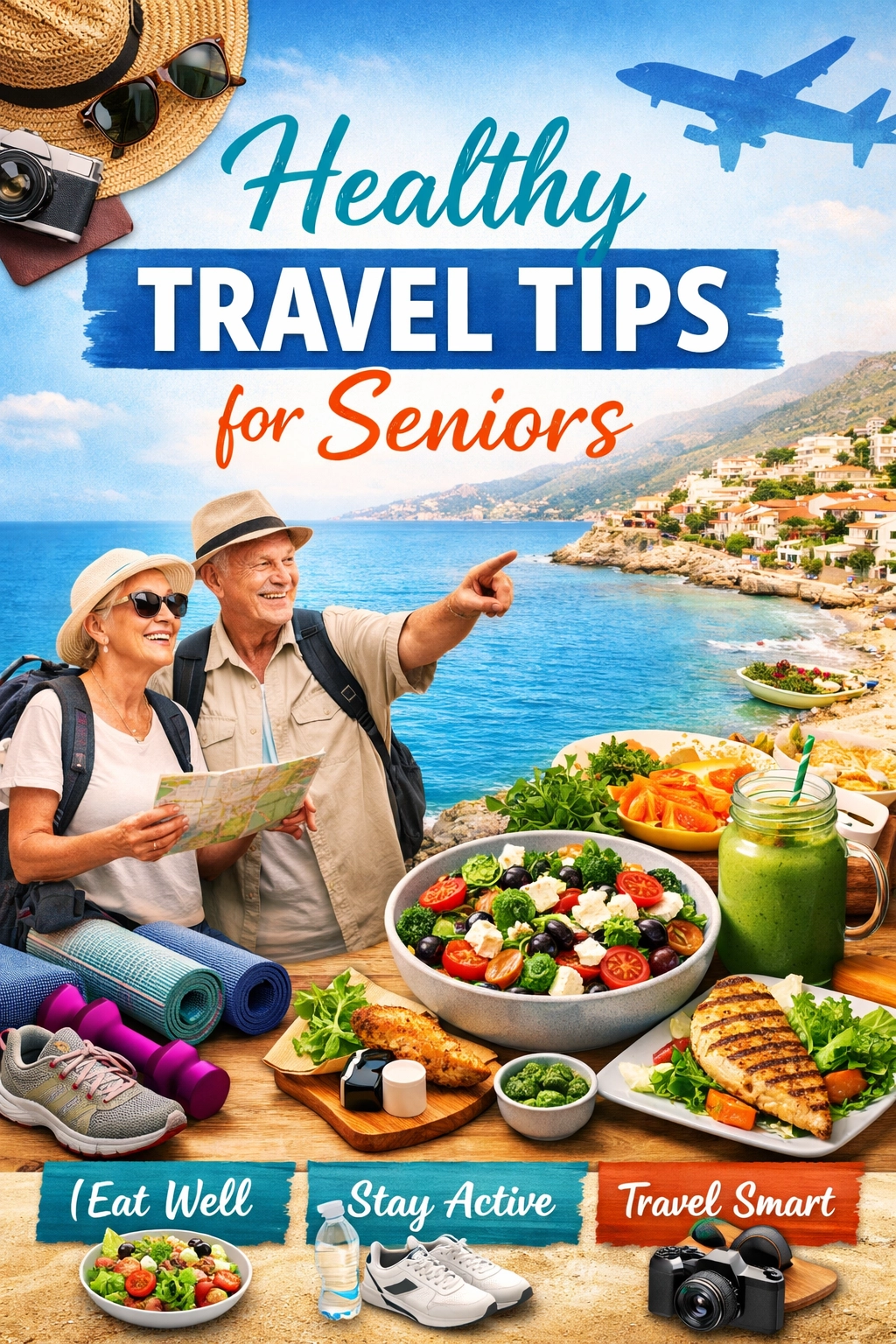 A smiling senior couple with backpacks look at a map and point toward a coastal town while standing beside a table of healthy food including salad grilled fish and a green smoothie. The image includes the text Healthy Travel Tips for Seniors along with Eat Well Stay Active and Travel Smart showing healthy travel tips for seniors through nutrition activity and mindful planning.