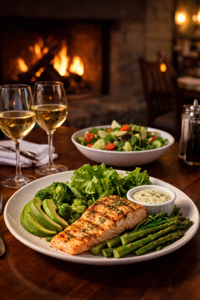 A plated salmon dinner with asparagus avocado broccoli and a small dish of sauce sits on a restaurant table with a lit fireplace and glasses of white wine in the background. The image reflects travel wellness tips for older adults by showing a nourishing balanced meal enjoyed in a calm comfortable dining setting while traveling.