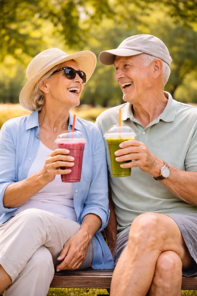 An older couple sits on a park bench smiling at each other while holding fresh smoothies one berry colored and one green surrounded by trees and sunlight. The image supports the topic of what is the best diet for seniors on vacation by highlighting hydration and nutrient rich drinks that are easy to enjoy while staying active and relaxed during travel.