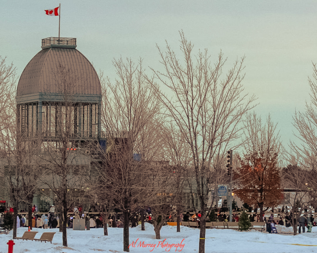 Crowds bundled in winter clothing stroll through a snow-covered park near Montreal's Old Port, with bare trees and a domed pavilion flying the Canadian flag in the background. This lively scene shows that Montreal is walkable in February, especially around well-maintained public spaces.
