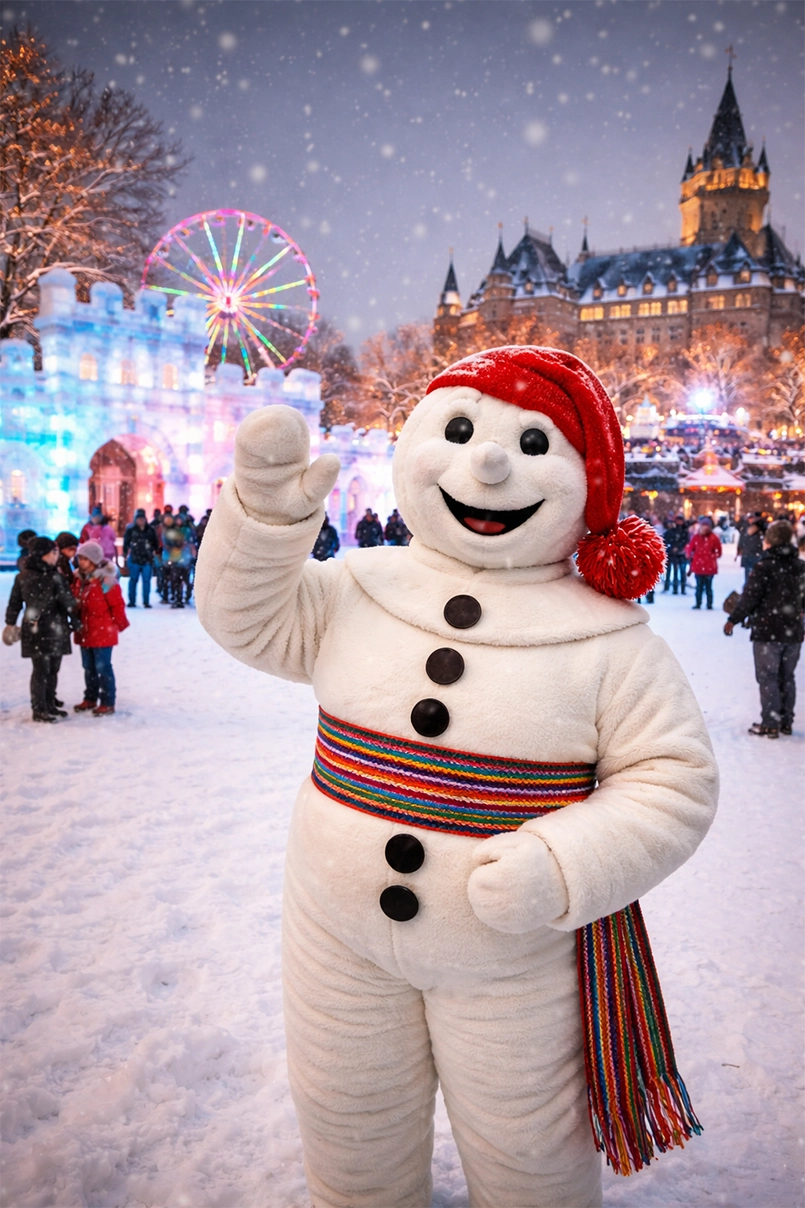 Bonhomme Carnaval, the iconic snowman mascot, waves cheerfully in a snowy festival scene filled with lights, an ice castle, and a Ferris wheel, with Château Frontenac glowing in the background. This magical winter moment is a festive highlight of any Quebec City Valentine’s Day itinerary for 3 days.
