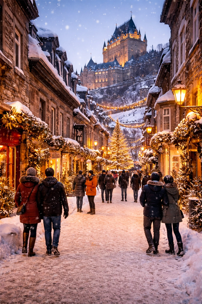 Couples stroll hand in hand along a snow-covered street in Old Quebec, warmly lit by festive lights and framed by charming stone buildings with Château Frontenac glowing above. This magical scene shows that Quebec City is very walkable in winter for couples seeking romance and charm.
