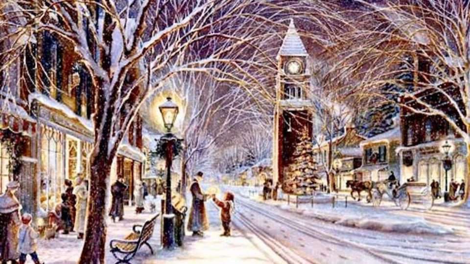 A charming winter street scene with twinkling lights, horse-drawn carriages, and a snow-covered clock tower, evoking a nostalgic holiday atmosphere. Couples stroll hand in hand past decorated shop windows, capturing the magic of one of the best romantic getaways near Toronto for couples.
