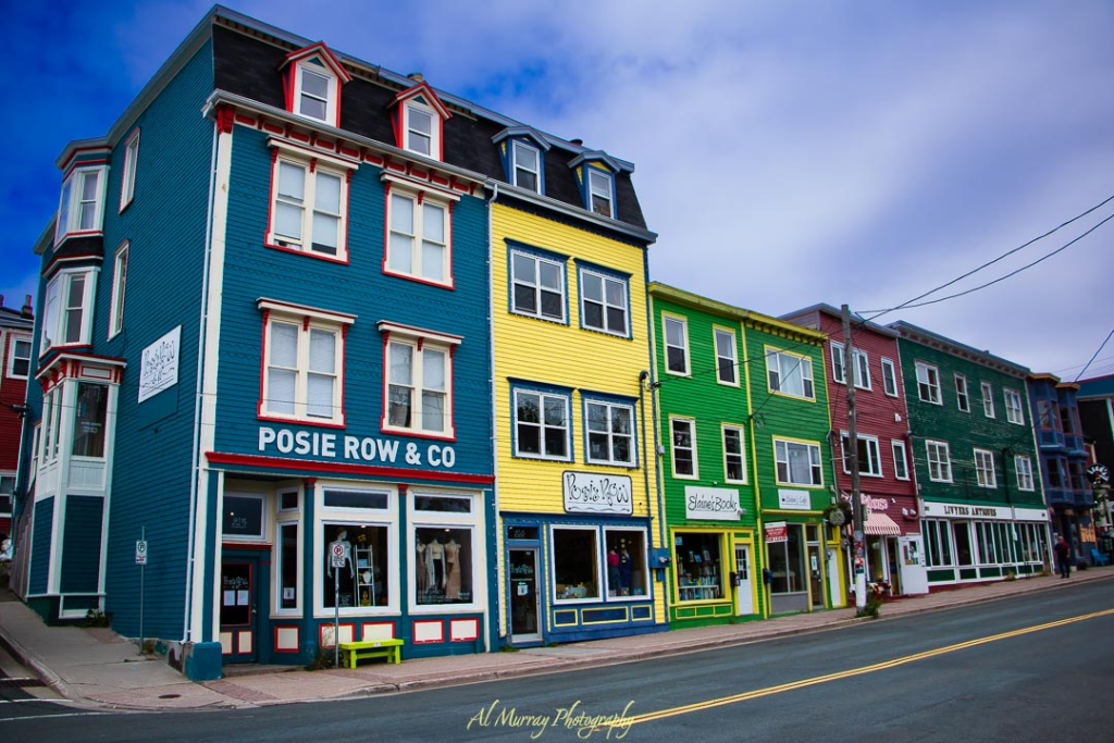 A row of brightly painted heritage storefronts in downtown St. John’s, including Posie Row & Co and Elaine’s Books, set against a crisp spring sky. The vibrant colors and charming architecture reflect the lively spirit of spring in St. John’s and Newfoundland.