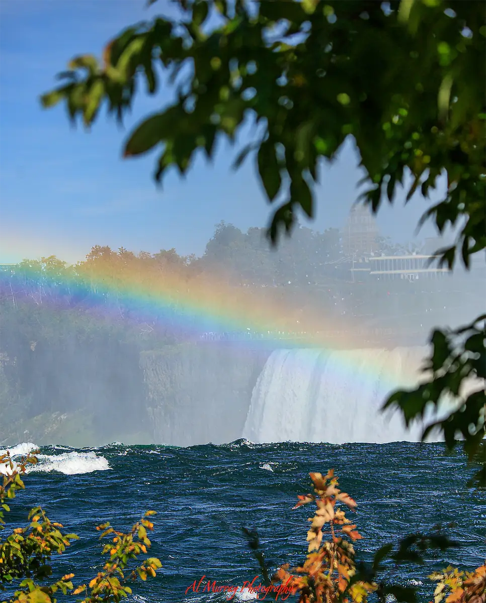 Rainbow stretching across mist rising from Niagara Falls with rushing blue water in the foreground and leafy branches framing the view. A scenic lookout near Toronto highlights a peaceful spring and summer getaway for seniors enjoying nature and iconic waterfalls.