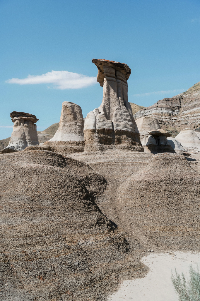 Tall hoodoo rock formations with wide flat stone caps rising from a dry badlands landscape under a bright blue sky. The unusual desert like scenery shows one of the underrated destinations in western canada.
