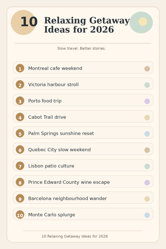 Infographic titled "10 Relaxing Getaway Ideas for 2026" with the subtitle "Slow travel. Better stories." It lists ten ideas: "1 Montreal cafe weekend." "2 Victoria harbour stroll." "3 Porto food trip." "4 Cabot Trail drive." "5 Palm Springs sunshine reset." "6 Quebec City slow weekend." "7 Lisbon patio culture." "8 Prince Edward County wine escape." "9 Barcelona neighbourhood wander." "10 Monte Carlo splurge." A footer repeats "10 Relaxing Getaway Ideas for 2026," making it a visual guide to relaxing travel getaways built around slower paced experiences