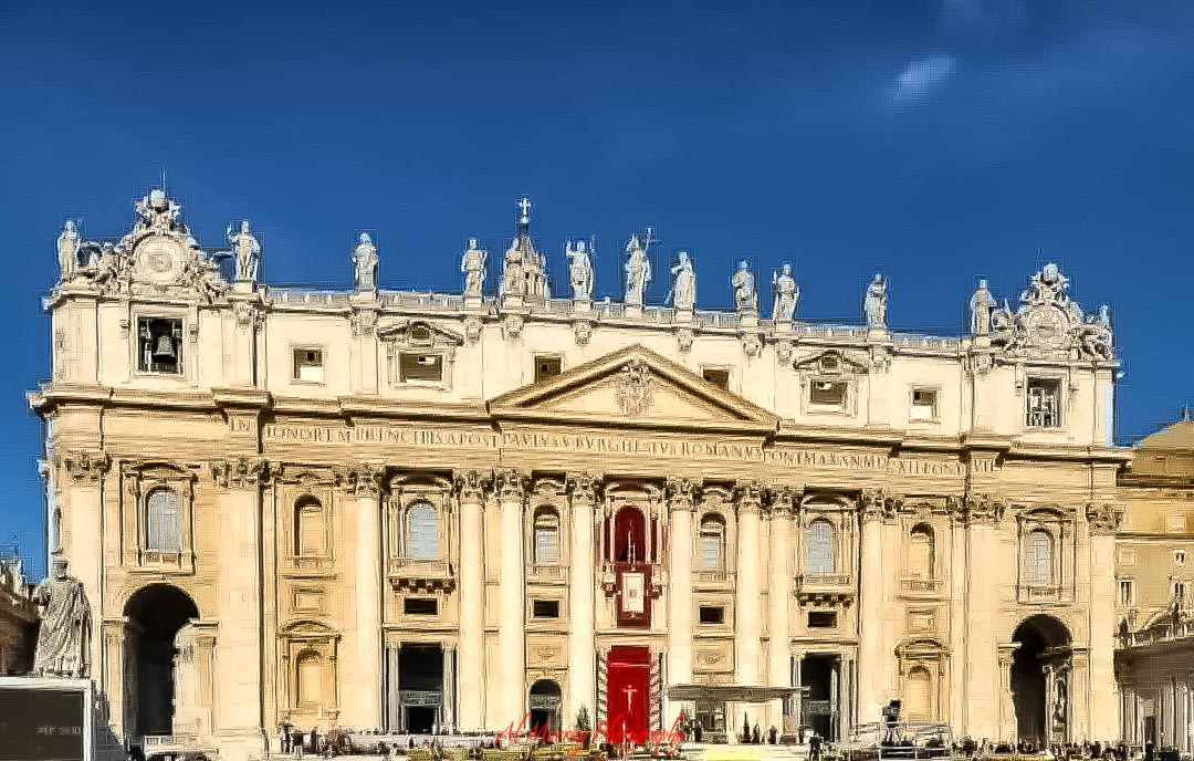 St Peter’s Basilica stands in bright sunlight beneath a deep blue sky, with its grand columns, statues, and ornate façade stretching across the frame. The scale and historic beauty of this iconic landmark showcase the unforgettable cultural stops that often become highlights in a transatlantic cruise review.