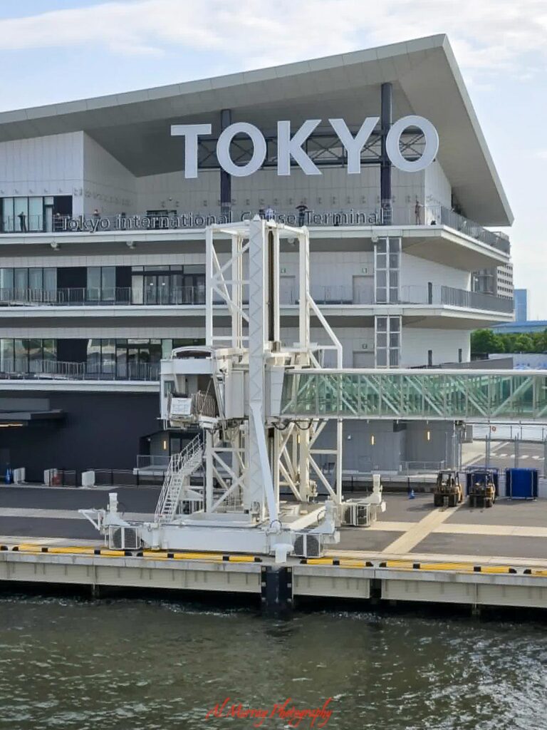 Modern Tokyo International Cruise Terminal building with large “TOKYO” letters displayed across the front beside the waterfront dock. International departure ports like this are an important factor in cruise pricing explained because terminal locations and embarkation costs can affect overall fares.