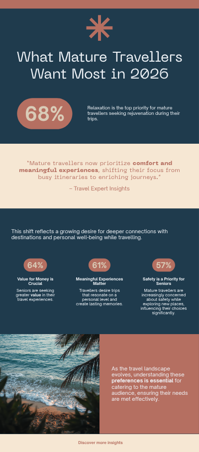 Infographic titled "What Mature Travellers Want Most in 2026" featuring the statistic "68%" with the text "Relaxation is the top priority for mature travellers seeking rejuvenation during their trips." It includes the quote "Mature travellers now prioritize comfort and meaningful experiences, shifting their focus from busy itineraries to enriching journeys." followed by "- Travel Expert Insights," plus three key stats: "64% Value for Money is Crucial," "61% Meaningful Experiences Matter," and "57% Safety is a Priority for Seniors." A beach photo with palm leaves appears near the bottom beside text explaining that understanding these preferences helps meet the needs of mature travellers, and the footer reads "Discover more insights."