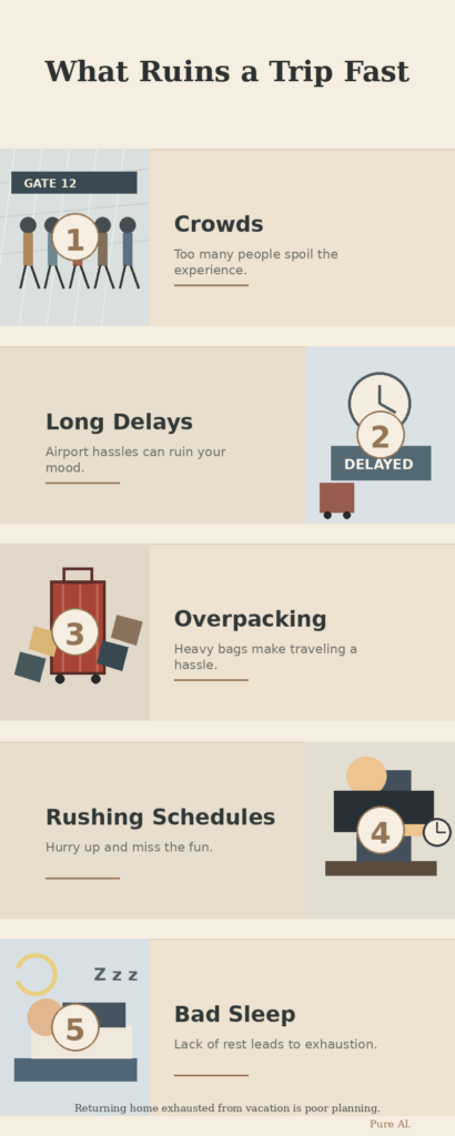 Infographic titled "What Ruins a Trip Fast" listing five common travel frustrations with illustrated icons. The text reads "1 Crowds. Too many people spoil the experience." "2 Long Delays. Airport hassles can ruin your mood." "3 Overpacking. Heavy bags make traveling a hassle." "4 Rushing Schedules. Hurry up and miss the fun." "5 Bad Sleep. Lack of rest leads to exhaustion." A footer note reads "Returning home exhausted from vacation is poor planning." and the bottom corner says "Pure Al."
