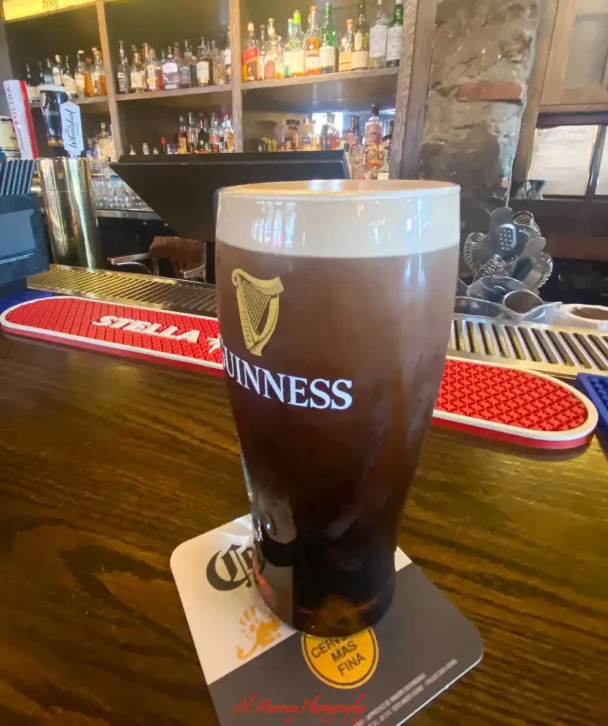 Pint of Guinness with a thick creamy head sitting on a wooden pub bar surrounded by shelves of liquor bottles and bar tools. The cozy pub atmosphere reflects a stop on a Toronto food tour without a car, where visitors can explore local bars and restaurants by transit.