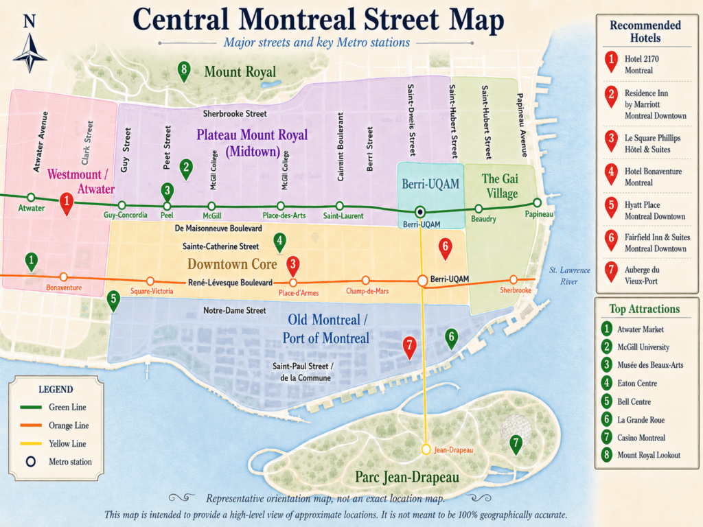 Best areas to stay in Montreal for senior travellers, comparing Downtown, Atwater, Berri-UQAM, Old Montreal, and Midtown by comfort and mobility.