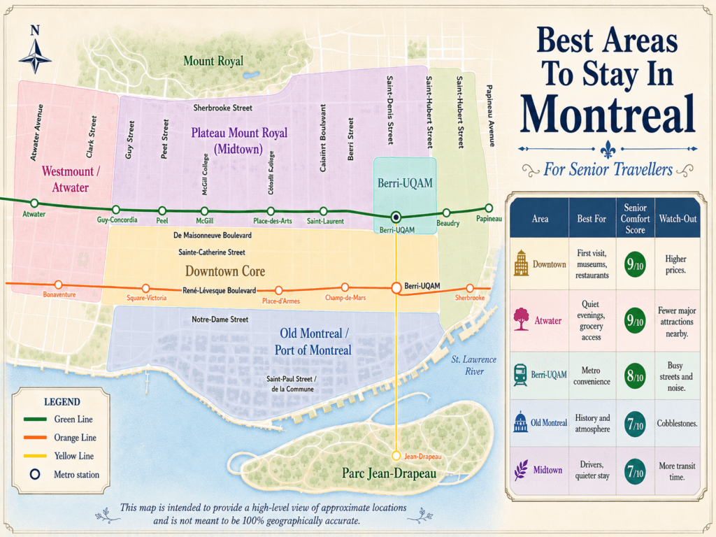 Stylized map of Montreal by areas in the downtown core and rating them for senior accessibility