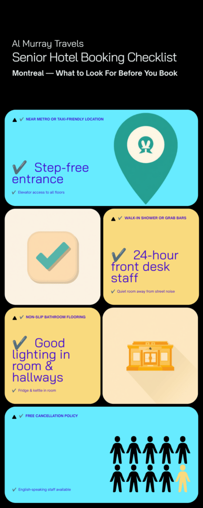 Senior hotel booking checklist for Montreal with accessibility, food, safety, transit, and comfort tips.