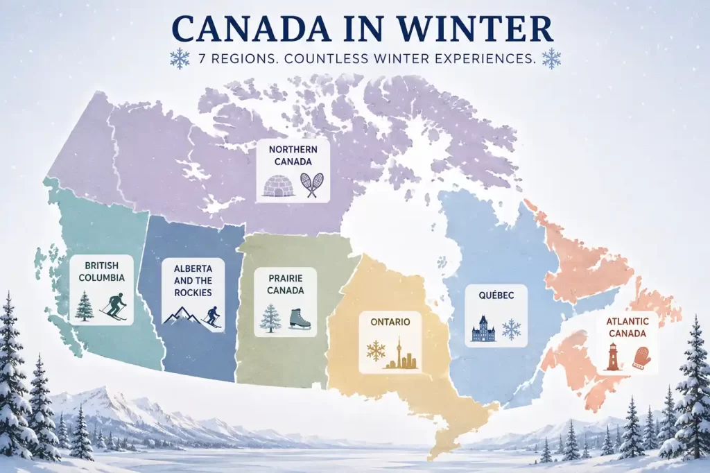 A pastel map of Canada divides the country into seven winter travel regions above snowy mountains and evergreen trees. The text reads "CANADA IN WINTER". "7 REGIONS. COUNTLESS WINTER EXPERIENCES." Region labels read "NORTHERN CANADA". "BRITISH COLUMBIA". "ALBERTA AND THE ROCKIES". "PRAIRIE CANADA". "ONTARIO". "QUÉBEC". "ATLANTIC CANADA". Winter activity icons highlight regional ideas for Canada fall and winter getaways.