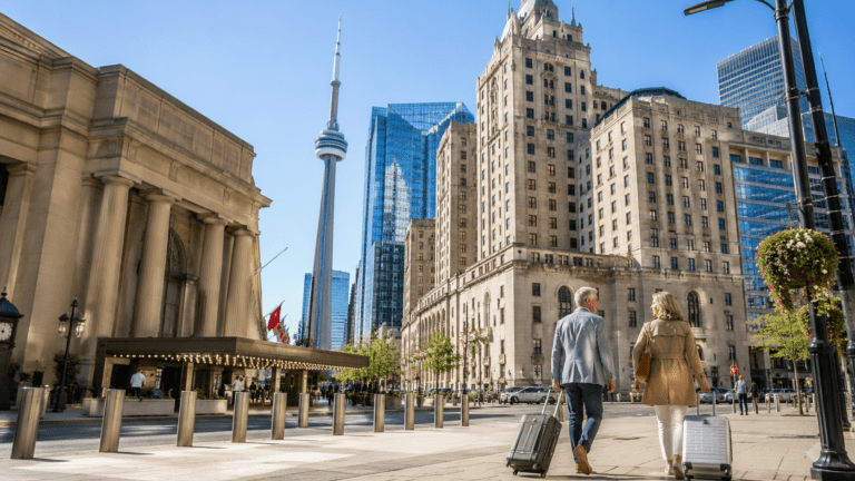 Travelers roll suitcases toward the Fairmont Royal York across from Union Station in downtown Toronto. The CN Tower rises behind the historic hotel and surrounding skyscrapers under a clear blue sky.