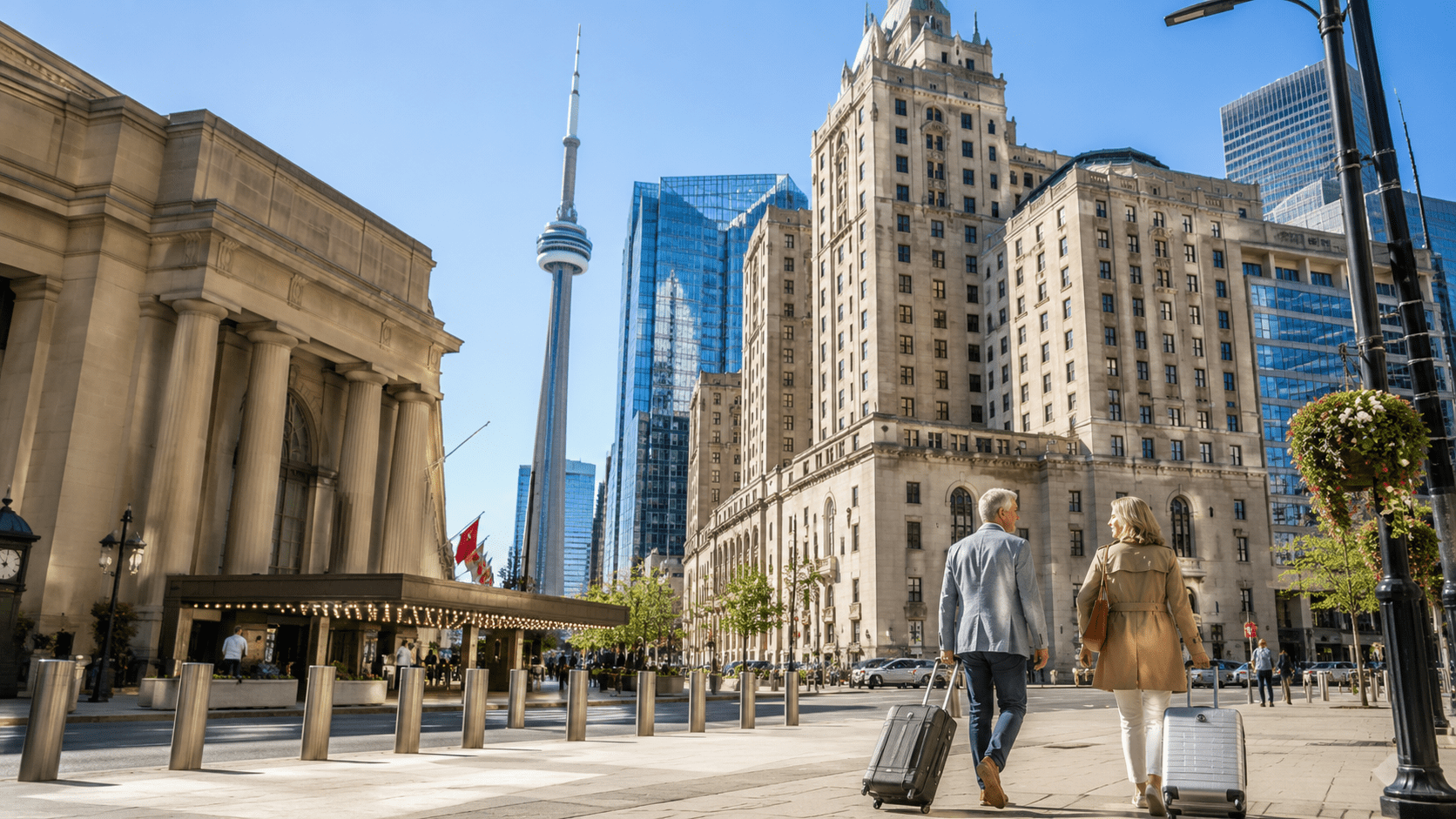 Travelers roll suitcases toward the Fairmont Royal York across from Union Station in downtown Toronto. The CN Tower rises behind the historic hotel and surrounding skyscrapers under a clear blue sky.