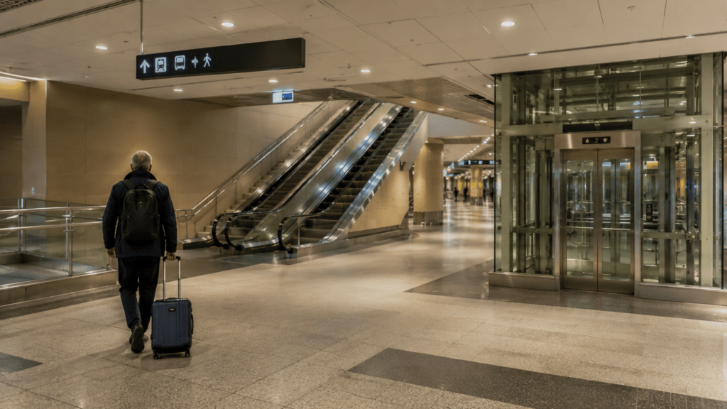 A traveler pulls a suitcase through the spacious concourse at Toronto Union Station beside escalators and a glass elevator marked "2". The indoor station route offers convenient access for guests staying at hotels in Toronto near Union Station.