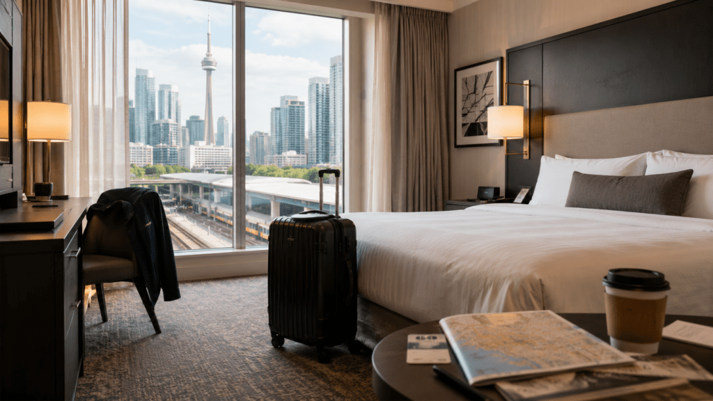 A modern hotel room has a neatly made bed and a black suitcase beside floor to ceiling windows overlooking Toronto rail platforms and the CN Tower. The downtown view reflects the convenience travelers seek when asking what hotels are close to Union Station in Toronto.