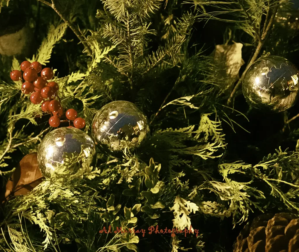 Close up of holiday greenery with evergreen branches red berries and shiny gold ornaments reflecting warm lights. The festive detail adds a winter mood to Toronto Fall and Winter Getaways