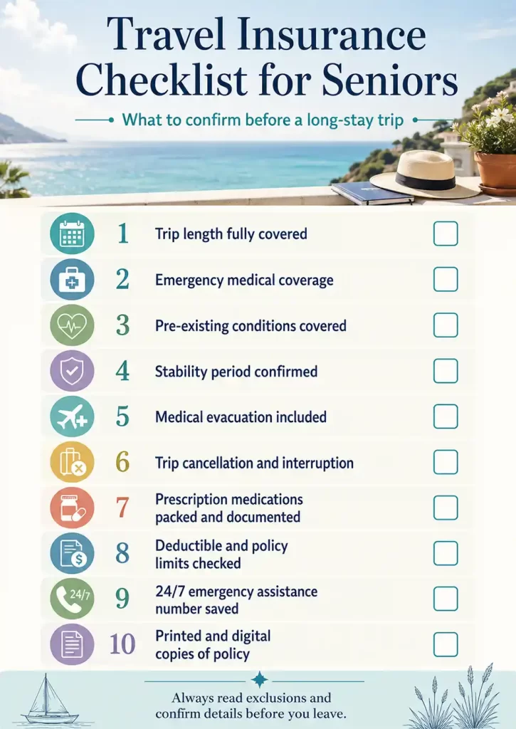 Coastal checklist graphic for senior travel insurance for long trips with an ocean view. a straw hat. a notebook. potted flowers. icons. and empty checkboxes. The visible text says “Travel Insurance Checklist for Seniors” “What to confirm before a long-stay trip” “1 Trip length fully covered” “2 Emergency medical coverage” “3 Pre-existing conditions covered” “4 Stability period confirmed” “5 Medical evacuation included” “6 Trip cancellation and interruption” “7 Prescription medications packed and documented” “8 Deductible and policy limits checked” “9 24/7 emergency assistance number saved” “10 Printed and digital copies of policy” and “Always read exclusions and confirm details before you leave.