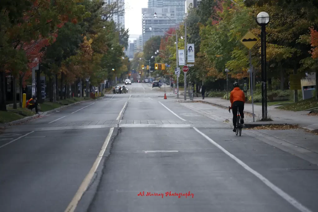 A cyclist in an orange jacket rides down a quiet Toronto street lined with trees showing red green and gold fall leaves. The urban scene adds a calm neighborhood moment to Toronto Fall and Winter Getaways