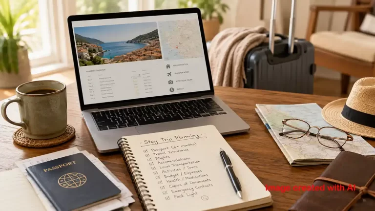 Laptop on a wooden table shows a coastal travel itinerary and map for planning long stay vacations for seniors. A passport. coffee mug. folded map. glasses. straw hat. suitcase. and notebook are arranged around it. The visible text says “PASSPORT” “ITINERARY OVERVIEW” “ACCOMMODATIONS” “TRANSPORTATION” “ACTIVITIES & TOURS” “BUDGET” “Stay Trip Planning” “Passport 6 months” “Travel Insurance” “Flights” “Accommodations” “Local Transportation” “Activities Tours” “Budget Expenses” “Health Medications” “Copies of Documents” “Emergency Contacts” “Pack Light” and “Image created with AI”