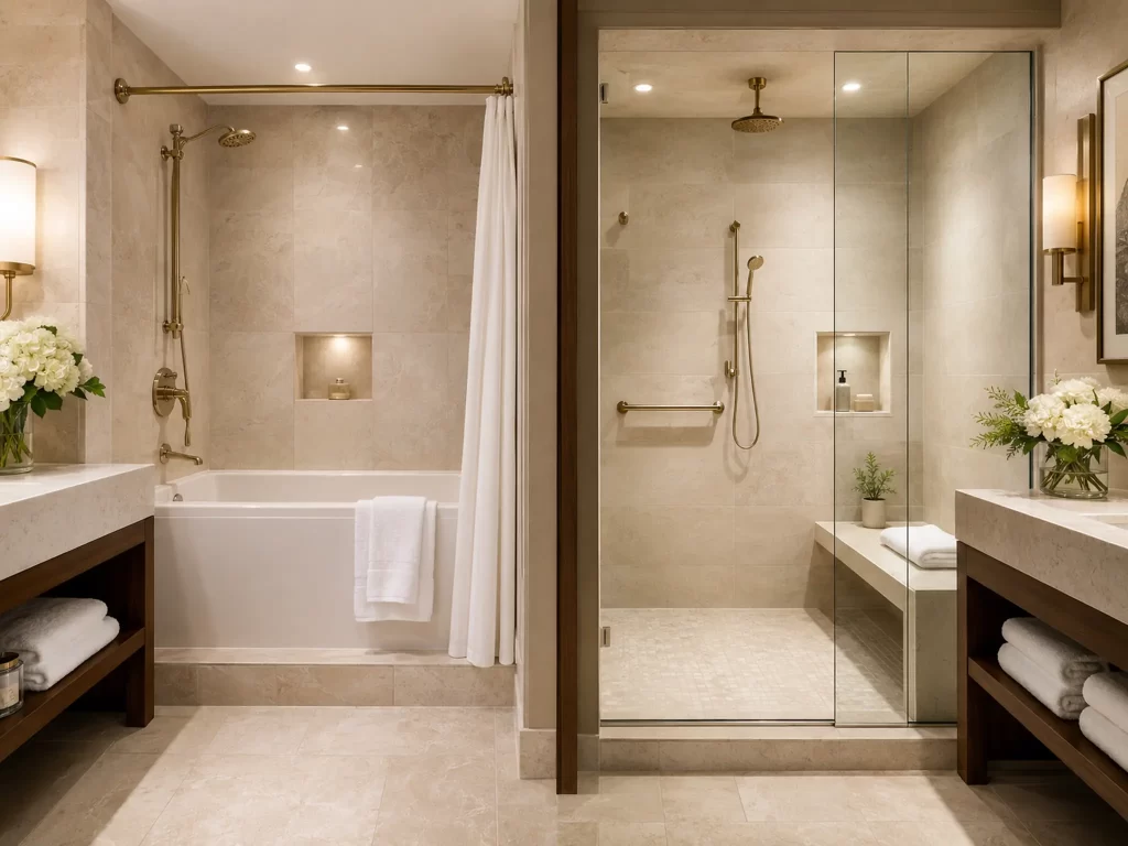 Hotel bathtub compared with a walk-in shower for travellers with knee pain
