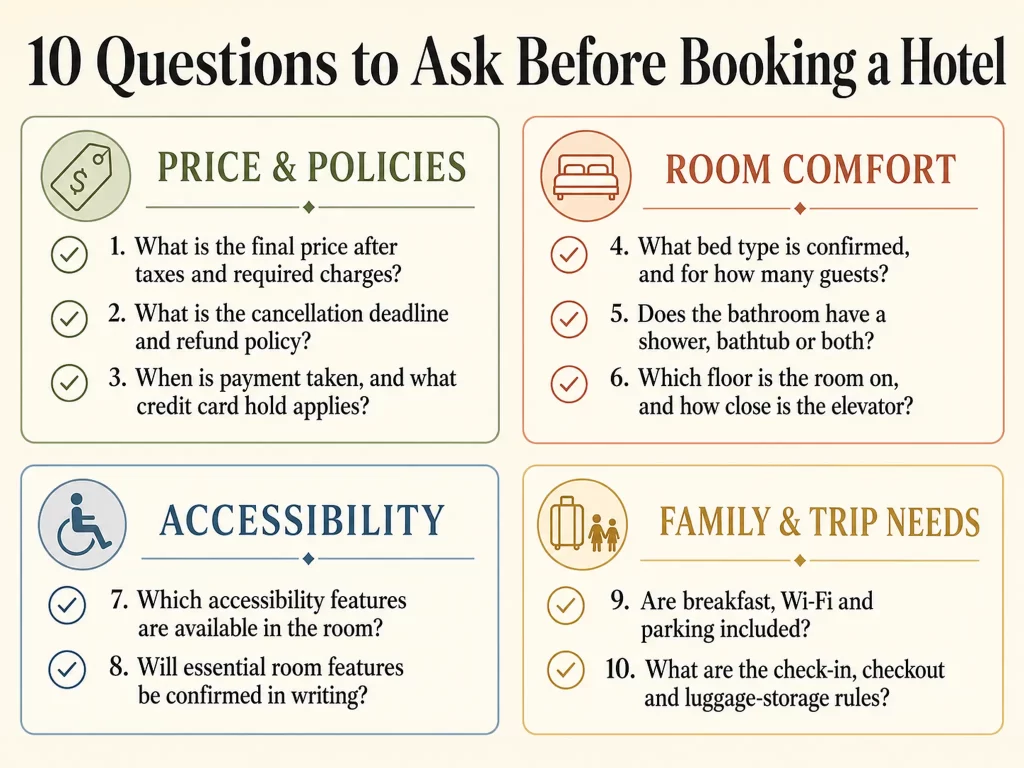 Hotel booking checklist covering price, noise, shower type and accessibility