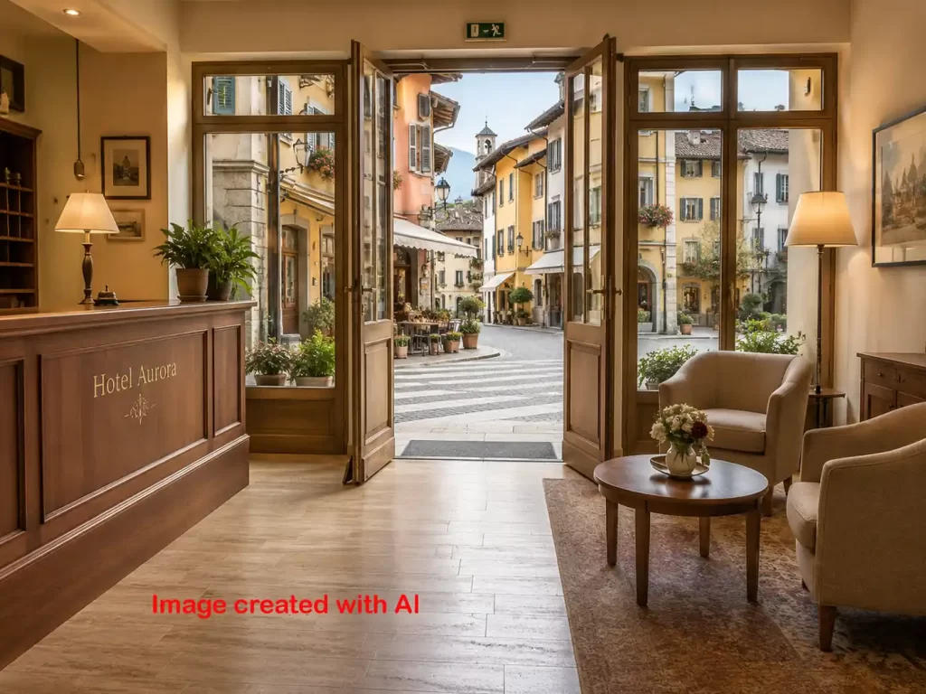 Hotel lobby with open glass doors leading to a charming European town square. The front desk says “Hotel Aurora” and red floor text says “Image created with AI”. It suggests affordable long stay vacations for seniors with a central walkable location and a cozy seating area.