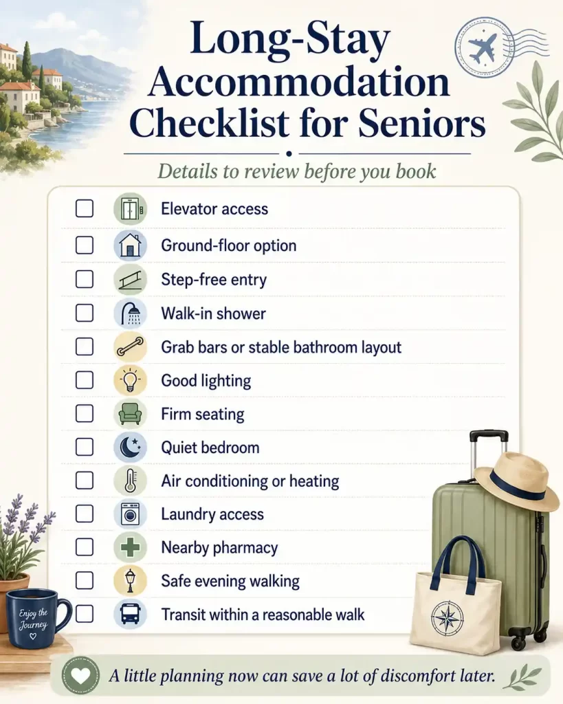 Illustrated checklist titled “Long-Stay Accommodation Checklist for Seniors” with a coastal travel theme. a suitcase. a straw hat. a tote bag. a mug. and checkboxes for comparing hotels vs vacation rentals for long stays. The visible text says “Details to review before you book” “Elevator access” “Ground-floor option” “Step-free entry” “Walk-in shower” “Grab bars or stable bathroom layout” “Good lighting” “Firm seating” “Quiet bedroom” “Air conditioning or heating” “Laundry access” “Nearby pharmacy” “Safe evening walking” “Transit within a reasonable walk” “Enjoy the Journey” and “A little planning now can save a lot of discomfort later