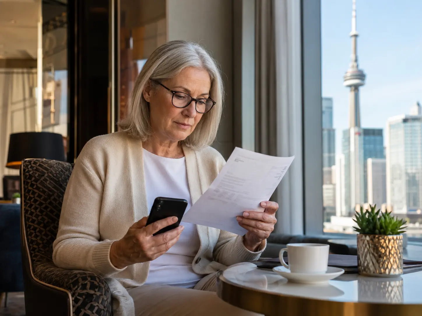 An older woman reviews a printed hotel bill while checking her phone in a Toronto hotel lounge. The CN Tower and downtown skyline are visible through the window as she works out how much she should budget for Toronto hotels.